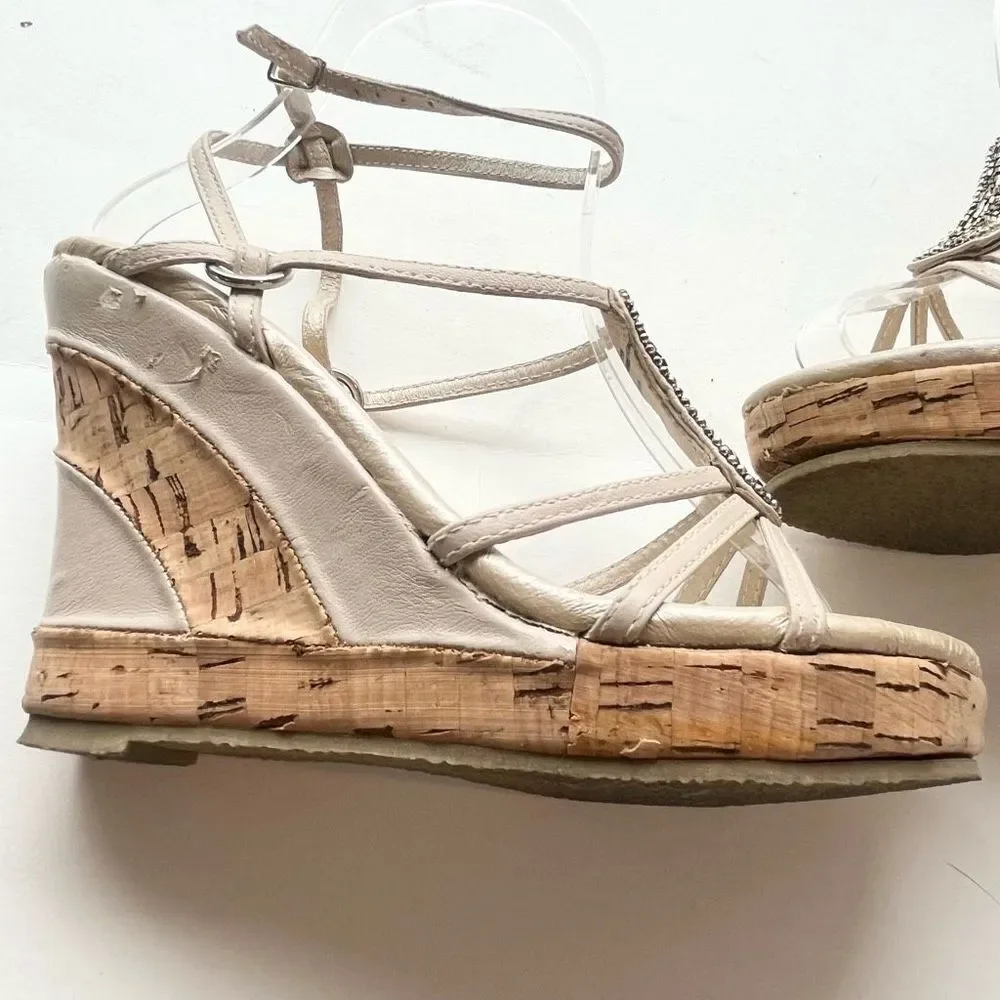Very Volatile Women’s Beaded Ankle Strap Wedge Heels Cream Tan Size 6